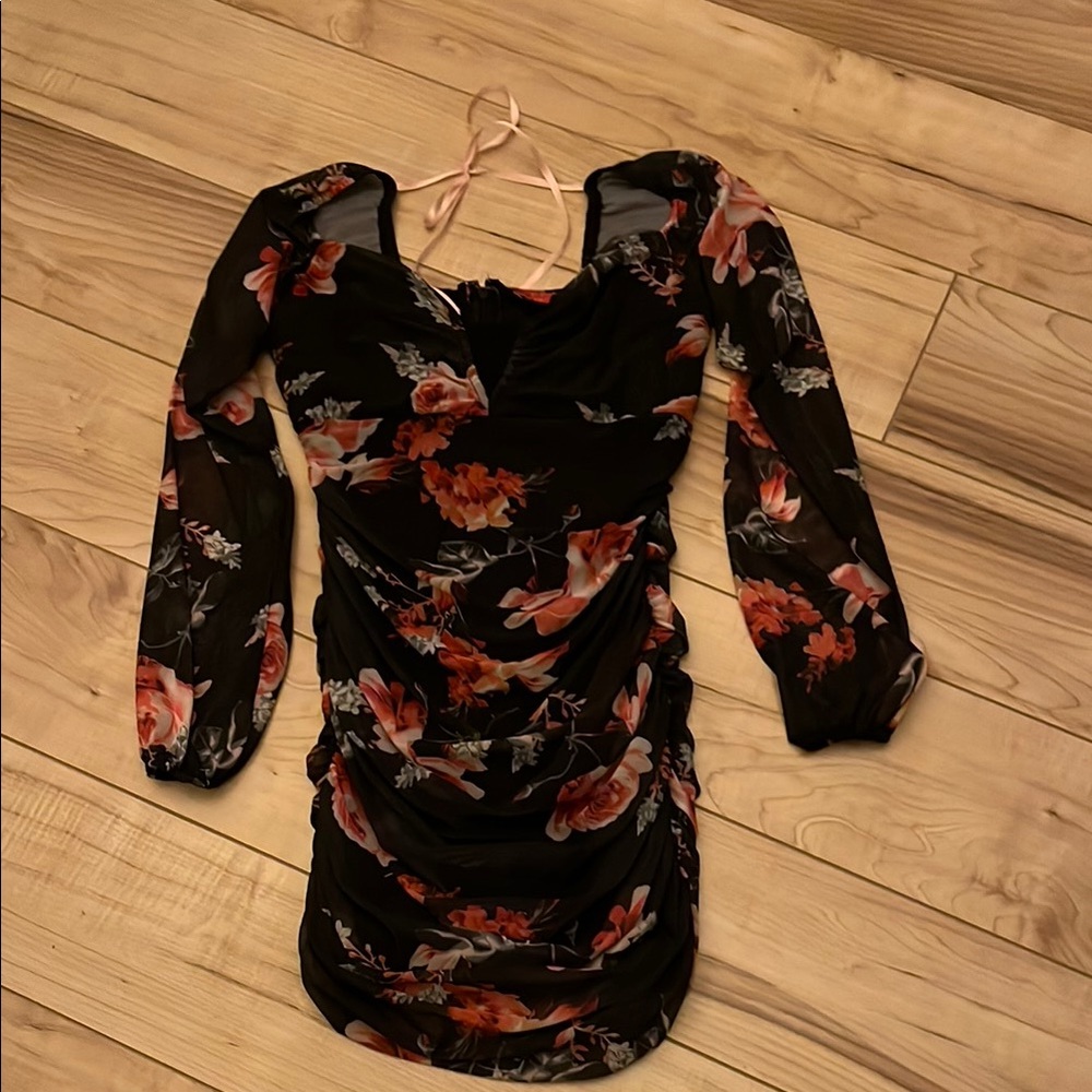 Guess Floral Black Dress with Long Sleeves